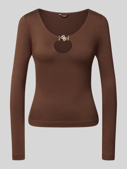 Produktfoto, Longsleeve mit Cut Out Modell 'EVELYN' von GUESS in Braun, Slim Fit, Material-Mix mit Stretch-Anteil, goldene Label-Applikation