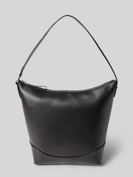 Produktfoto, schwarze Lederhandtasche mit Ziernaht von Lauren Ralph Lauren aus echtem Rindsleder mit Reißverschluss und Tragehenkel.