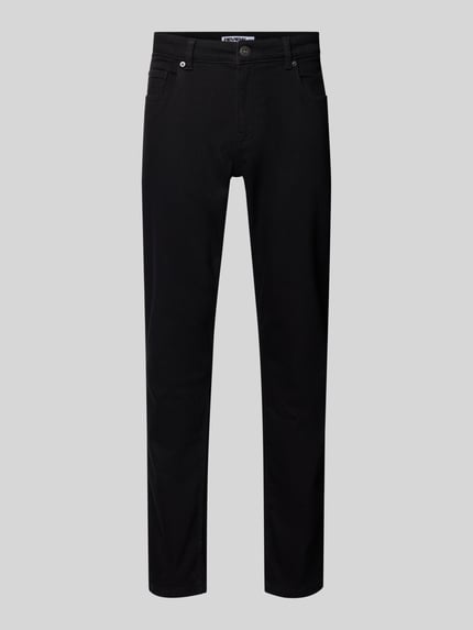 Produktfoto, Slim Fit Jeans im klassischen Five-Pocket-Design von REVIEW in Schwarz, reine Baumwolle, glatte Struktur, schmaler Schnitt.