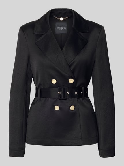 Produktfoto, Blazer mit Reverskragen von Marc Cain, Acetat-Mix, taillierter Schnitt, Taillengürtel, Knopfverschluss, Schwarz, glatte Struktur