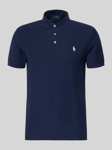 Produktfoto, Slim Fit Poloshirt aus reiner Baumwolle von Polo Ralph Lauren in Dunkelblau, unifarben, kurzarm, Piqué-Struktur, Logo-Detail links