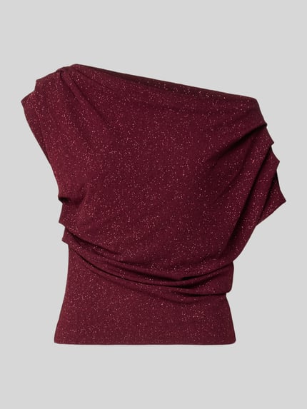 Produktfoto, Bluse mit One-Shoulder-Träger von Rinascimento in bordeauxrot met stretch, materiaalmix, plooien, getailleerd, ruglengte maat S 54 cm