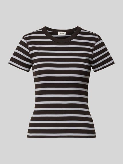 Produktfoto, Slim Fit T-shirt in riblook model 'Koale' van Drykorn van puur katoen met korte mouwen, ronde hals, ruglengte maat S 51 cm, zwart-wit gestreept