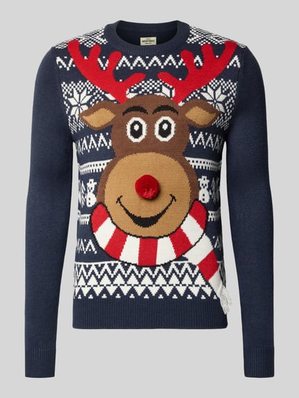 Produktfoto, Regular Fit Strickpullover mit Motiv-Stitching Modell 'RUDOLPH' von Montego, dunkelblau, rote und weiße Akzente, grobe Strickstruktur