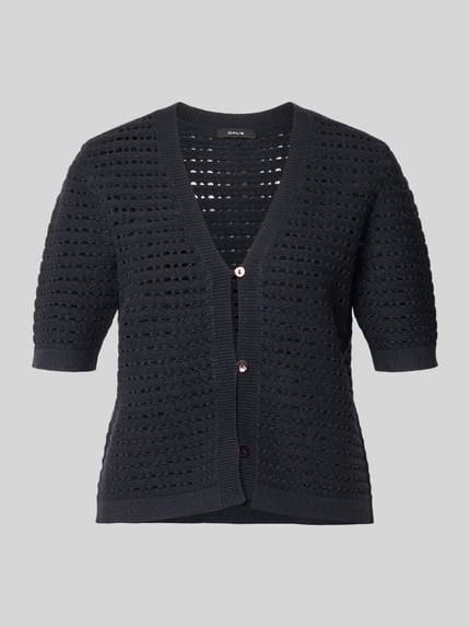 Produktfoto, Regular Fit Cardigan aus Viskose-Mix Modell 'Dostal' von OPUS, czarny, dzianinowa faktura, półprzezroczysty, krótki rękaw, dekolt V, pełna lista guzików, długość tyłu w rozmiarze 36: 52 cm, długość rękawa w rozmiarze 36: 29 cm