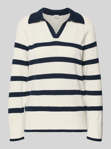 Produktfoto, Gestreifter Pullover mit Polokragen von Stefanel in Weiß mit marineblauen Streifen, reine Baumwolle, Regular Fit, feine Strickstruktur