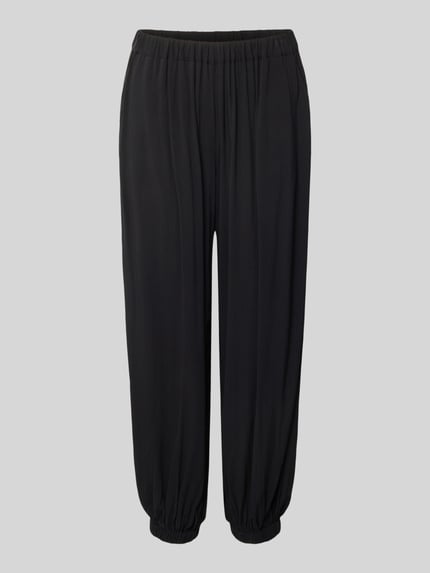 Produktfoto, schwarze Relaxed-Fit Jogginghose aus reiner Viskose Modell 'Radia' von Soyaconcept mit elastischem Bund und elastischen Beinabschlüssen, Damen, Bundweite 37 cm, Innenbeinlänge 70 cm, glatte Textur