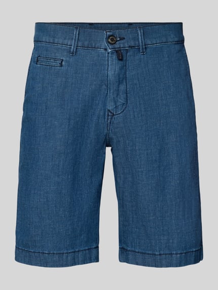 Produktfoto, Bermudas in Denim-Optik mit Paspeltasche von Pierre Cardin aus Baumwoll-Mix mit Leinen-Anteil, Regular-Fit, blaue Struktur