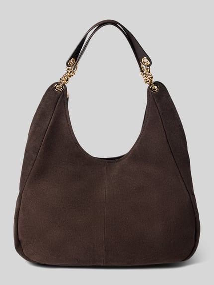 Produktfoto, Handtasche aus echtem Leder Modell 'ELLIE' von MICHAEL Michael Kors in Dunkelbraun mit goldener Kette, Magnetverschluss, Label-Applikation. Schulterriemen, Maße 42x41x14 cm, Riemenlänge 36 cm, Hauptfach.