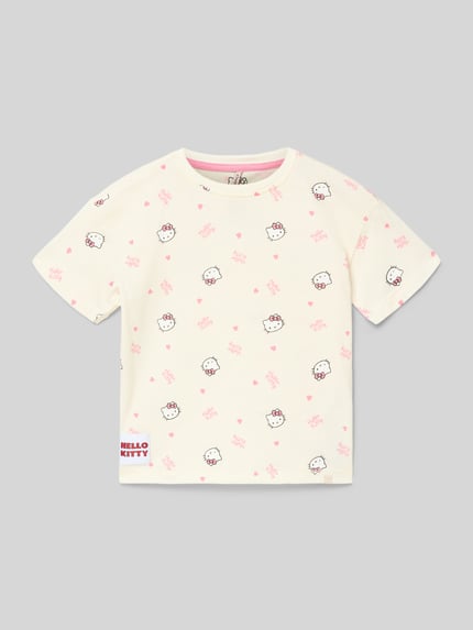 Produktfoto, Regular Fit T-Shirt aus reiner Baumwolle Modell 'KITTY' von Only in Weiß mit rosa Allover-Muster, Feinripp-Struktur, Rundhalsausschnitt