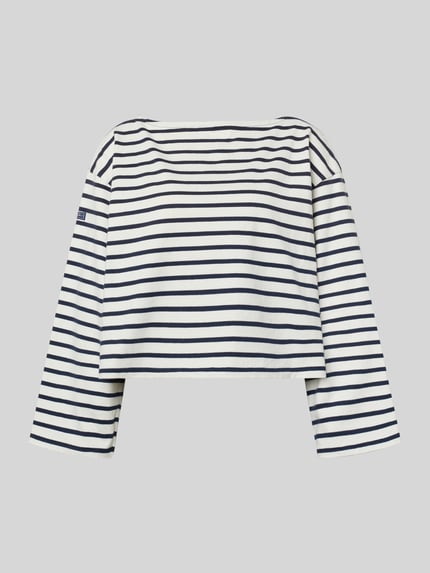 Produktfoto, Oversized Pullover aus reiner Baumwolle von Polo Ralph Lauren in Weiß mit dunkelblauen Streifen, U-Boot-Ausschnitt, unifarben, Damenmode