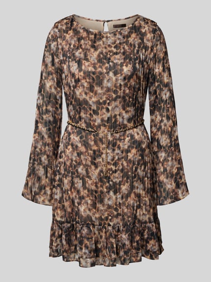 Produktfoto, Minikleid mit Rundhalsausschnitt Modell 'ILENIA' von Guess, taillierter Schnitt, Taillengürtel, blickdichtes Unterkleid, braun gemustert