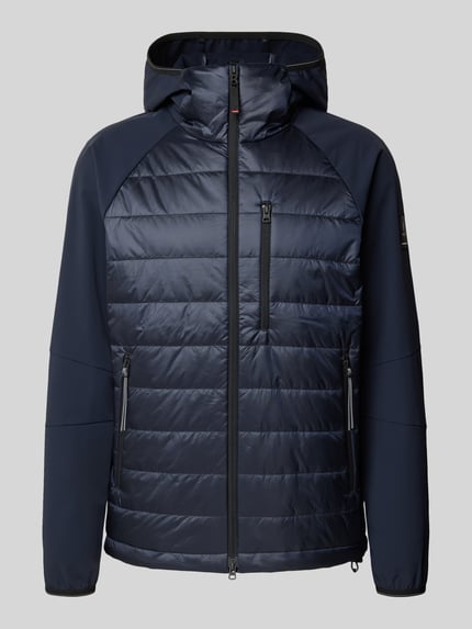 Produktfoto, Steppjacke mit Zweiwege-Reißverschluss Modell 'AINAN' von FIRE + ICE in Dunkelblau, glatte und gesteppte Textur, Slim Fit, Kapuze, Reißverschlusstaschen, Herren Steppjacke, Rückenlänge 74 cm, Schulterbreite 49 cm, Brustweite 57 cm, Ärmellänge 71 cm