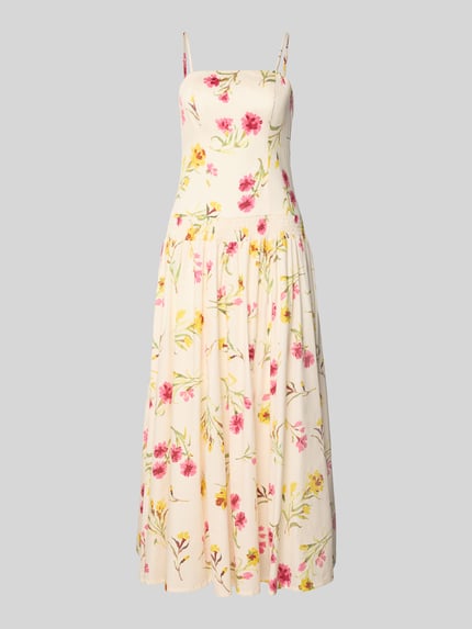 Produktfoto, Midikleid mit verstellbaren Trägern von Jake*s Collection, florales Muster, taillierter Schnitt, blickdichtes Unterkleid, cremefarbener Stoff