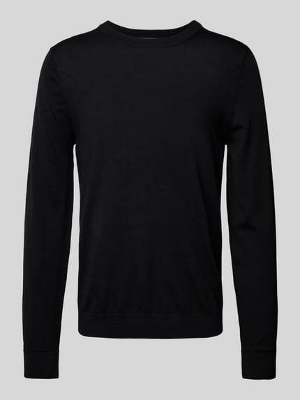 Selected Sweter z dzianiny z wełny merino z prążkowanymi wykończeniami model ‘TRAY’ Czarny 2