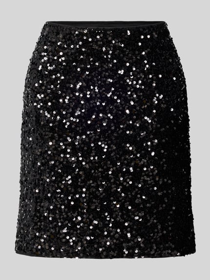Produktfoto, schwarzer Minirock mit glänzenden Pailletten, gerader Schnitt, Modell 'PAILLET' von b.young, Damenmode, strukturierte Oberfläche