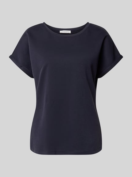 Produktfoto, T-Shirt mit viscosemix van Christian Berg Woman in donkerblauw, recht model, ronde hals, vaste mouwomslagen, ruglengte maat S 58 cm