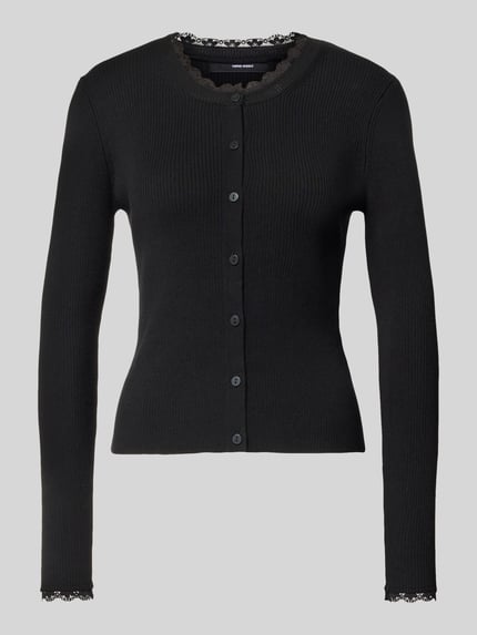 Produktfoto, Slim Fit Strickjacke aus Viskose-Mix Modell 'Wonder' von Vero Moda, Optik: Unifarben, Passform: Slim-Fit, Spitzen-Besatz, Rundhals, Langarm, Materialverarbeitung: Rippstrick