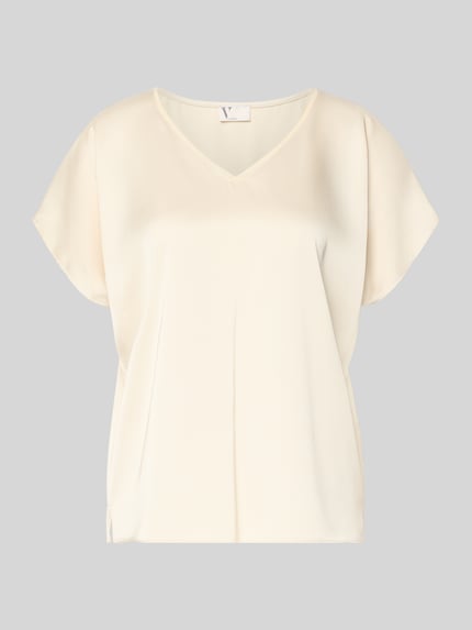 Productfoto, Blusenshirt aus Satin mit V-Ausschnitt van V by Vera Mont in crème, regular fit, lichte glans, korte kapmouw, lengte 61 cm.