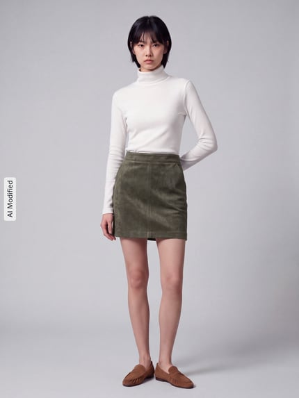 Frauenmodel trägt Ausgestellter Mini-Rock aus reiner Baumwolle Modell 'DONNADINA' von VERO MODA in Olivgrün, kombiniert mit weißem Rollkragenpullover, glatter Stoff, Ganzkörperansicht von vorne, KI-modifiziertes Bild.