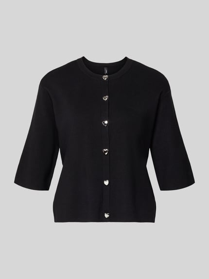 Produktfoto, schwarze Regular Fit Strickjacke aus Viskose-Mix Modell 'MAISIE' von Only, unifarben, fein gestrickt, Schmuckknöpfe.
