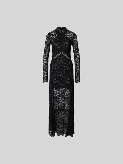 Produktfoto, czarne Maxikleid aus Spitze mit Stretch-Anteil von Rabanne, elastyczny materiał, krój dopasowany, koronka, stójka, długi rękaw, długość całkowita w rozmiarze S/M: 149 cm, szerokość w rozmiarze S/M: 40 cm, długość rękawa w rozmiarze S/M: 68 cm, szerokość w talii w rozmiarze S/M: 31 cm