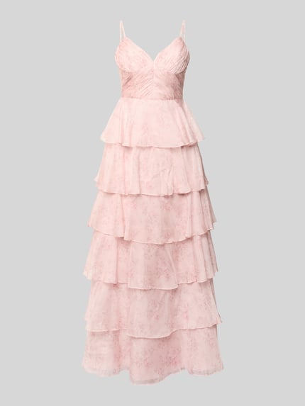 Produktfoto, Abendkleid mit Volantsaum und Spaghettiträgern von Hey Kyla in zartem Rosa, Chiffon, A-Linie, Maxikleid, V-Ausschnitt.