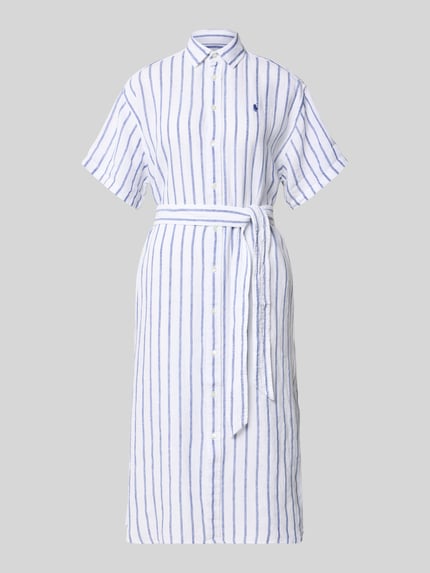 Produktfoto, Oversized Hemdblusenkleid aus reinem Leinen von Lauren Ralph Lauren, dames overhemdjurk met tweekleurige look, streepmotief, midilengte, overhemdkraag, V-hals, knoopsluiting, korte mouw, applicatie met gestikt logo, gevlamd garen, materiaal: linnen