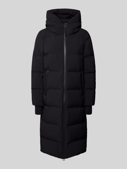 Produktfoto, Regular Fit Daunenmantel mit Kapuze von Marc O'Polo in Schwarz mit großen Steppnähten, glatte Textur, Damen Steppmantel