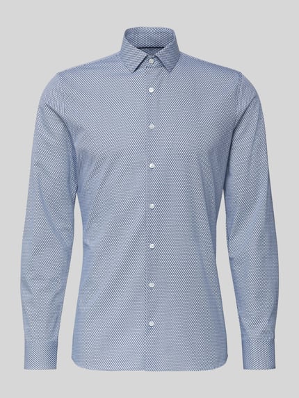 Productfoto, Slim Fit Freizeithemd mit Kentkragen van OLYMP No. Six, blauw met wit patroon, katoenmix, met lange mouwen, doorlopende knoopsluiting, sportmanchet, ruglengte 79 cm, schouderbreedte 43 cm, mouwlengte 66 cm