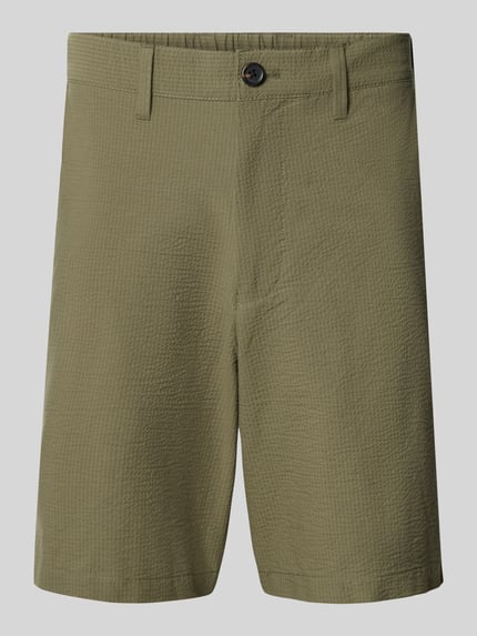 Produktfoto, Regular Fit Bermudas aus Baumwoll-Mix Modell 'KARL' von SELECTED HOMME w kolorze oliwkowym, faktura seersucker, gładka powierzchnia, z kieszeniami i szlufkami, materiał: bawełniany mix