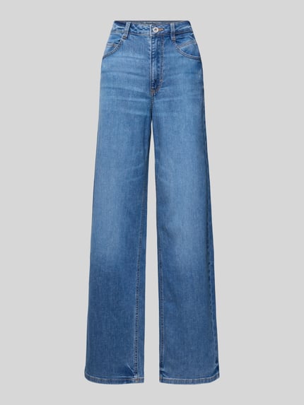 Produktfoto, blaue Straight Fit Wide Leg Jeans aus Baumwoll-Mix von Tom Tailor, unifarbener Denim mit 5-Pocket-Design und Label Patch.