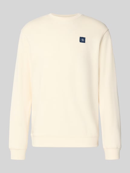 Produktfoto, Sweatshirt mit Label-Badge und Rundhalsausschnitt von Scotch & Soda, bawełna, krój regular fit, długość tyłu 71 cm, długość rękawów 68 cm, kolor jednolity jasny, prosty fason, gładka struktura