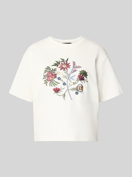 Produktfoto, Regular Fit T-Shirt aus reiner Baumwolle Modell 'SABATO' von Weekend Max Mara, Optik: Unifarben, Floral-Stitching, Rundhals, Kurzarm, Materialverarbeitung: Feinripp.