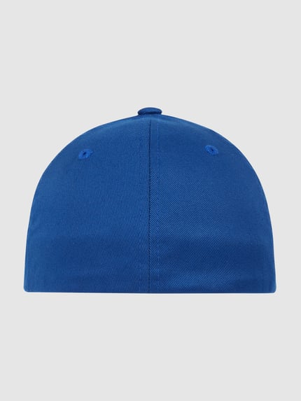 Produktfoto, Cap mit verstärkter Schirm Modell 'Wooly Combed' von Flex Fit in Blau, Material-Mix mit Baumwoll-Anteil, feine Textur.