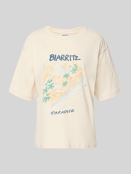 Produktfoto, T-Shirt mit Motiv-Print und Rundhalsausschnitt von Jake*s Casual, bawełna, krój relaxed fit, nadruk z grafiką, kolor kremowy