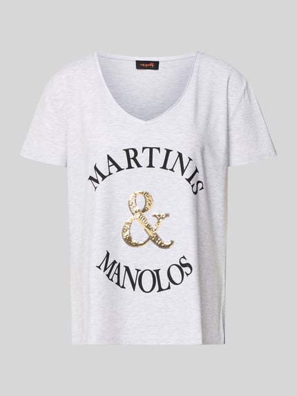 Produktfoto, T-Shirt mit Label-Print von miss goodlife, czysta bawełna, luźny krój, dekolt w serek, nadruk z przodu, długość tyłu w rozmiarze S: 65 cm