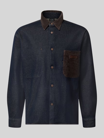 Produktfoto, Overshirt mit Kentkragen in Cord-Optik und Label-Patch von Armani Exchange, donkerblauw, borstzak en knoopsluiting, regular fit, sportmanchet, lengte 70 cm