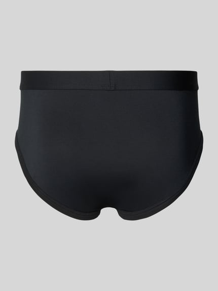 Produktfoto, Slip mit elastischem Bund und Label-Patch von Mey aus Modal-Mix mit Stretch-Anteil, Körpernaher-Schnitt, schwarze glatte Oberfläche.