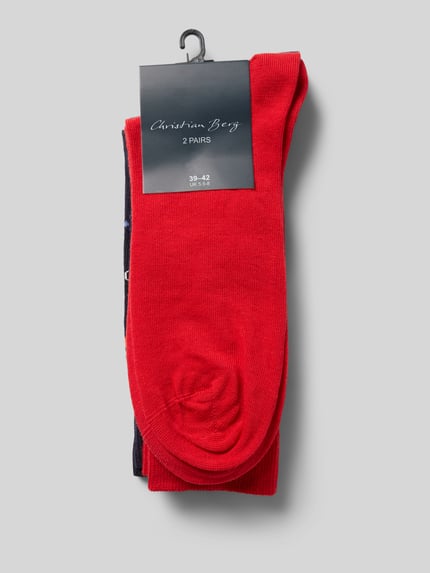 Produktfoto, Sokken met elastisch ribboordjes in set van 2 van Christian Berg Men, katoenmix met stretch, nauwsluitende pasvorm, rood en donkerblauw.