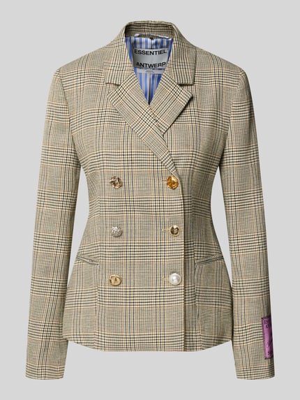 Produktfoto, Regular Fit Blazer mit Woll-Anteil Modell 'KARINA' von Essentiel Antwerp, kariertes Muster in Beige, Braun und Hellblau, glatte Struktur, Damen Kurzblazer von Essentiel Antwerp