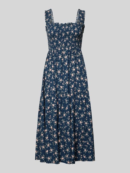 Produktfoto, 'Midikleid mit Rüschen und Karree-Ausschnitt' von Apricot, donkerblauw met bloemenprint, zuiver viscose, getailleerd model, vierkante hals met ruches, smokdetail, volantzoom, ruglengte maat S: 98 cm, borstwijdte maat S: 32 cm.