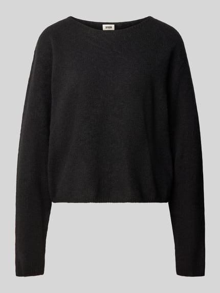 Produktfoto, schwarzer Damen Strickpullover aus Woll-Mix mit Alpaka-Anteil, Modell 'IMENY' von DRYKORN, oversized Fit, U-Boot-Ausschnitt, langärmliges Design, strukturierte Oberfläche, Rückenlänge 51 cm, Ärmellänge 74 cm