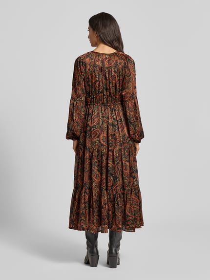 Apricot Midikleid mit V-Ausschnitt und Bindegürtel Rostrot 5