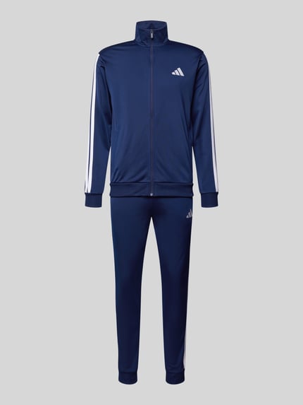 Produktfoto, Trainingsanzug mit elastischen Abschlüssen von adidas Sportswear in Dunkelblau mit weißen Label-Details, Gerade Passform, Trainingsjacke mit Reißverschluss, Sweatpants mit elastischem Bund und Eingrifftaschen, glatte Textur