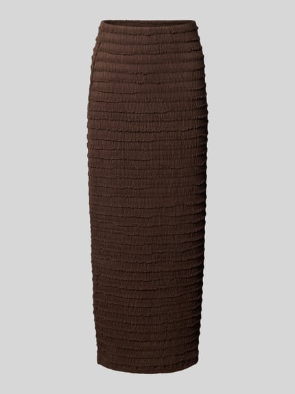 Productfoto, Midirock mit Strukturmuster und elastischem Bund von Jake*s Collection, bruin, recht model, materiaal-mix met stretch, structuurpatroon, elastische tailleband