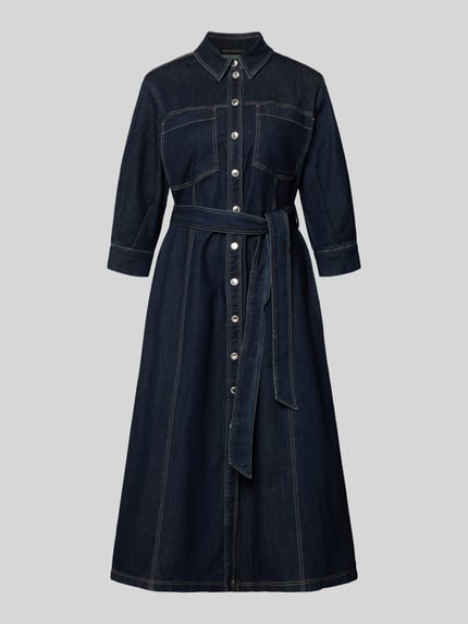 Productfoto, Hemdblusenkleid mit Bindegürtel van Betty Barclay, A-lijn midijurk in denim-look, katoenmix met lyocell, knoopsluiting, overhemdkraag, bandceintuur, ruglengte maat 36: 121 cm, borstwijdte: 51 cm, mouwlengte: 43 cm, diepe blauwe kleur, zichtbare stiksels, gladde textuur