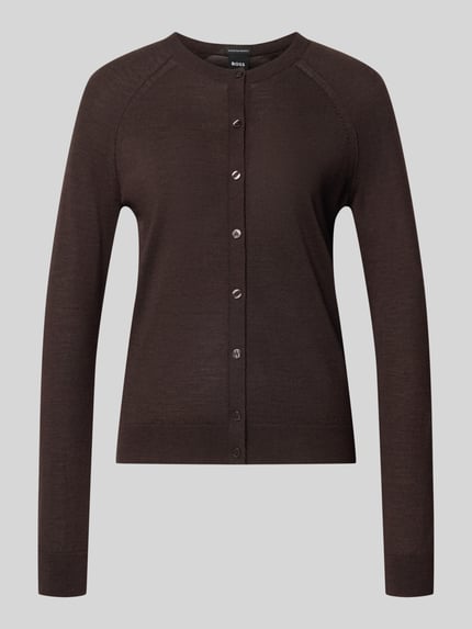 Produktfoto, Cardigan aus Wolle mit Raglanärmeln von BOSS in Dunkelbraun, unifarben, Regular Fit, Strukturstrick, Rundhalsausschnitt, Feinstrick