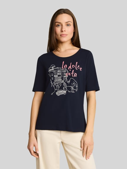 Tom Tailor t-shirt o kroju regular fit z mieszanki bawełny z nadrukiem z motywem Granatowy 4