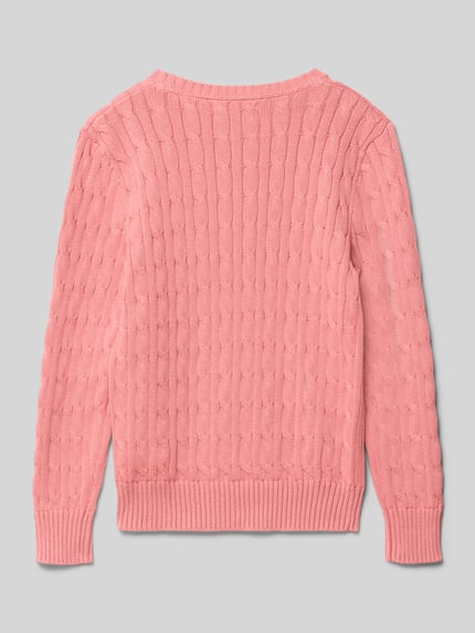 Produktfoto, Regular Fit Pullover aus reiner Baumwolle von Polo Ralph Lauren Teens, jednokolorowy różowy sweter ze ściegiem warkoczowym, dzianina, wykończenia prążkowane, bawełna, z fakturą